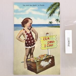 She Sells Sea Shells FL Cypress Gardens 1940s Linen Postcard Little Girl Beach